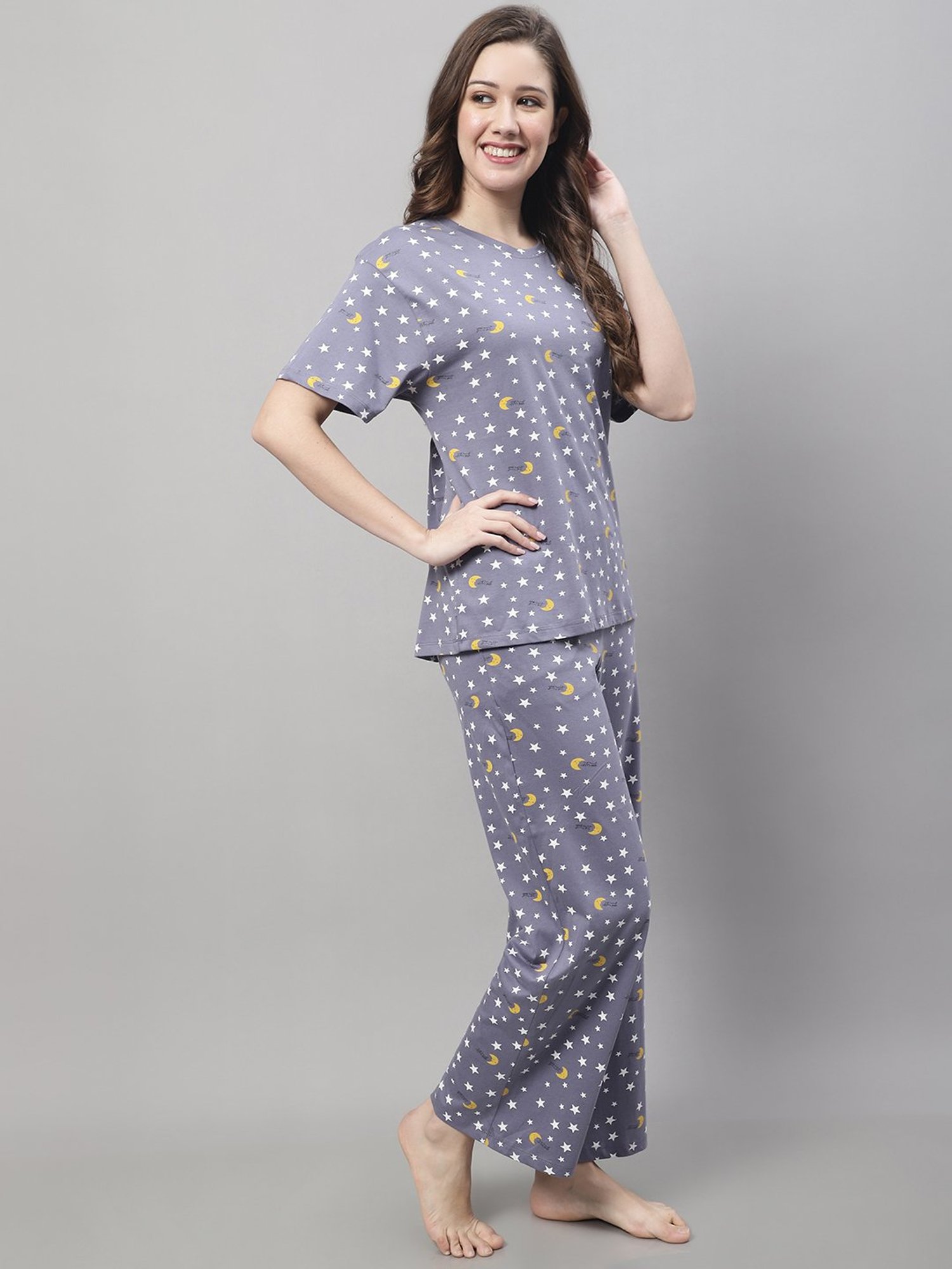 Kanvin Blue Cotton Printed Top Pyjamas Set