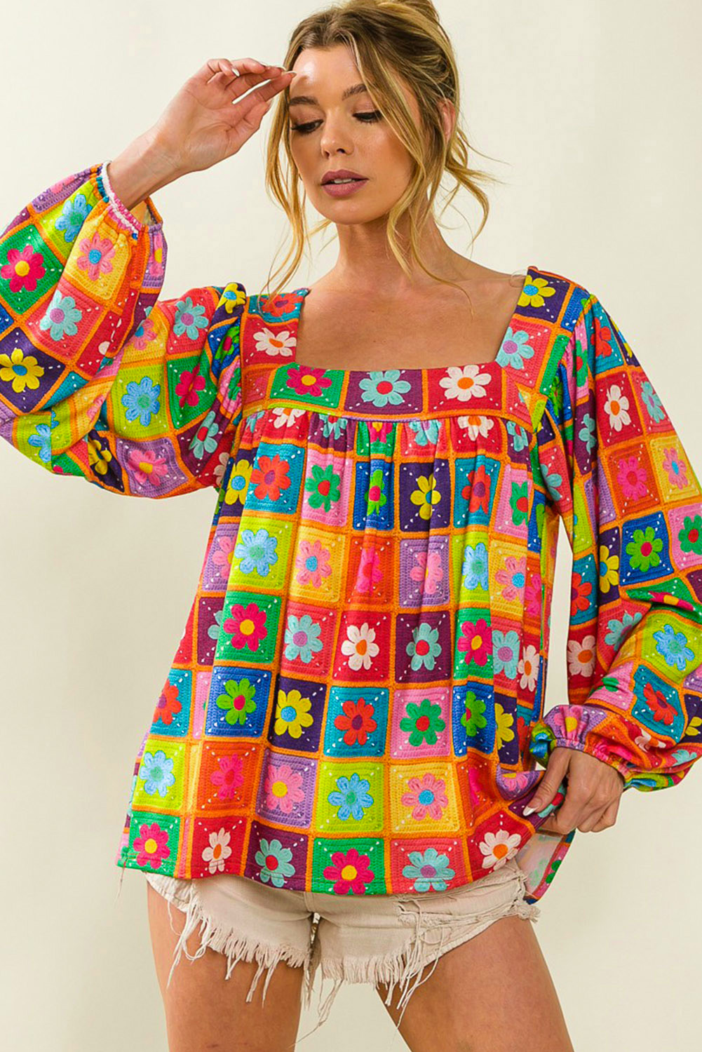 Multicolor 60s Flower Pattern Lantern Sleeve Square Neck Top