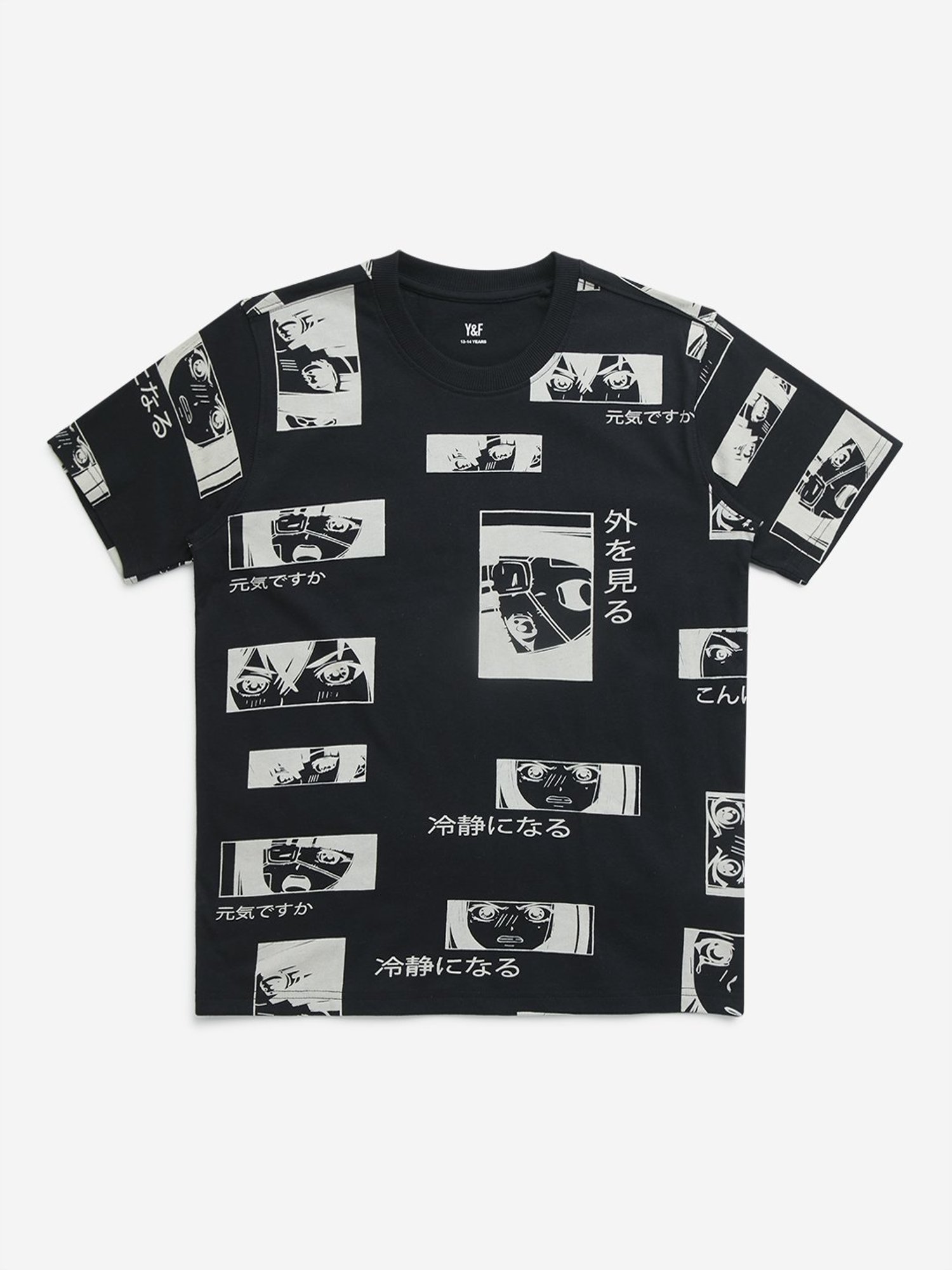 Y&F Kids by Westside Black Anime Printed Cotton T-Shirt