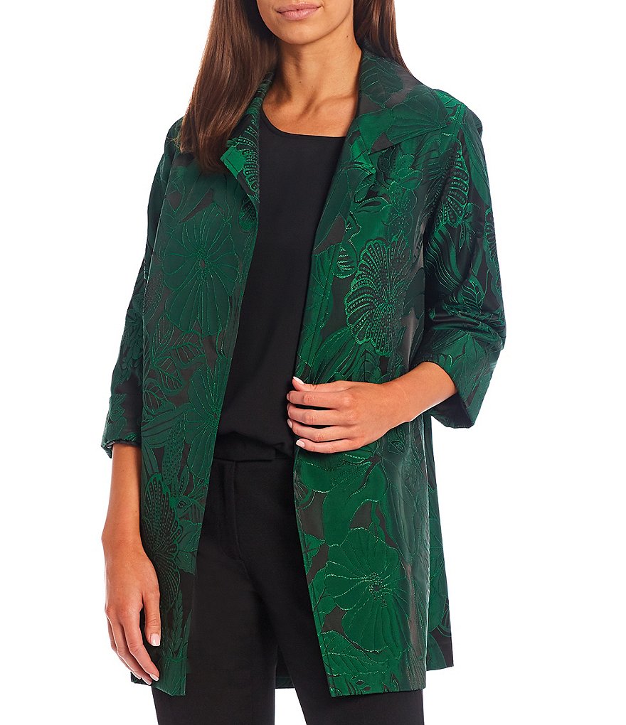 Caroline Rose Tropical Midnight Notch Collar Neck Cuff 3/4 Bracelet Sleeve Jacquard Party Jacket