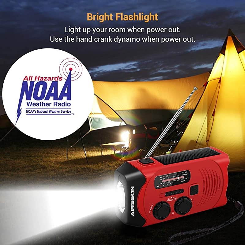 SOS 2000mAh Emergency Solar Hand Crank Portable RadioNOAA Weather Radio for Household and Emergency with AMFMLED FlashlightReading LampUSB ChargerBattery Indicator Red