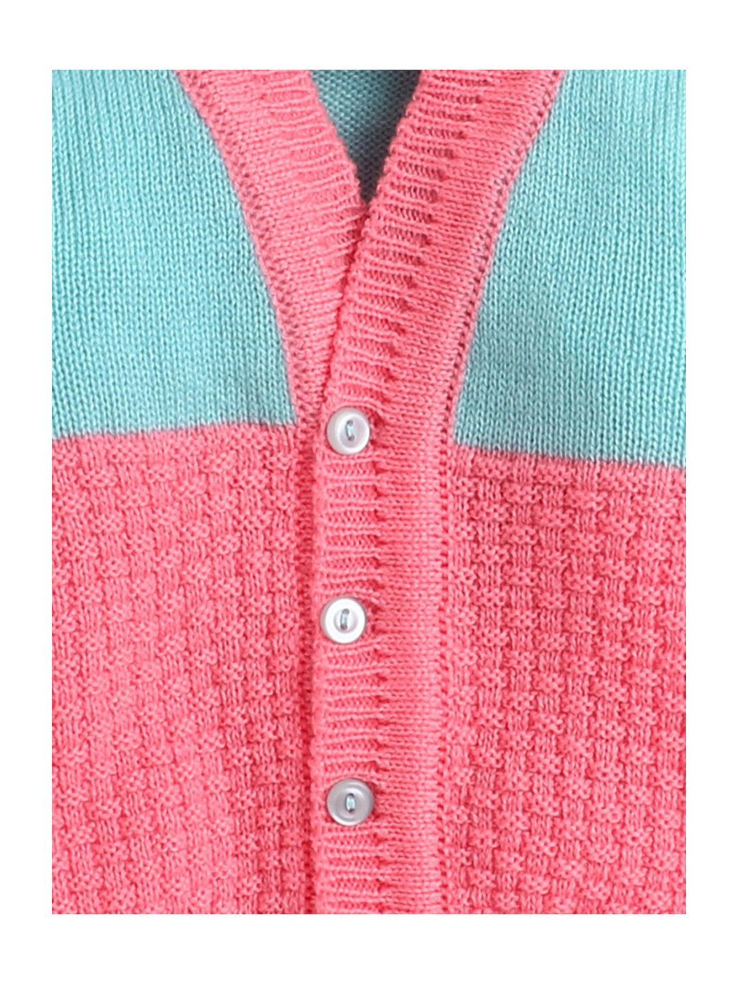 Little Angels Kids Pink & Green Color Block Full Sleeves Sweater Set