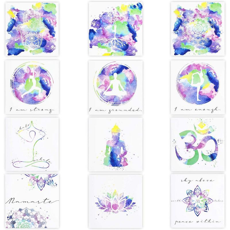 12"x12" Motivational Meditation Chakra Theme Yoga Posters 12 Pieces Peaceful Wall Art Hanging Home Decorations