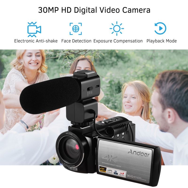 Andoer HDR-AE8 4K WiFi Digital Video Camera Camcorder DV Recorder 30MP 16X Digital Zoom IR Night Vision 3 Inch IPS LCD Touchscreen with 2pcs Rechargeable Batteries +   External Microphone + Cold Shoe