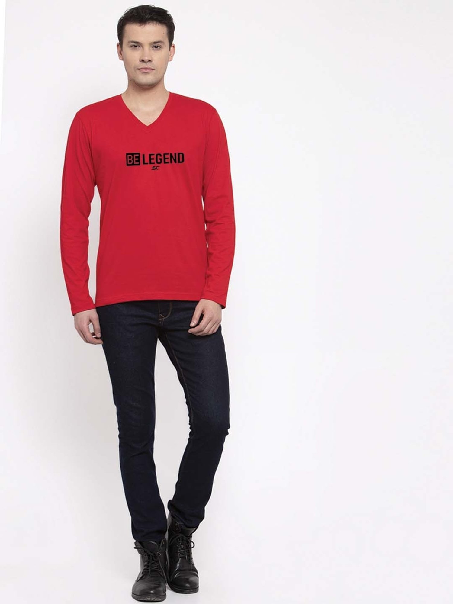 Friskers Red Cotton Slim Fit Printed T-Shirt