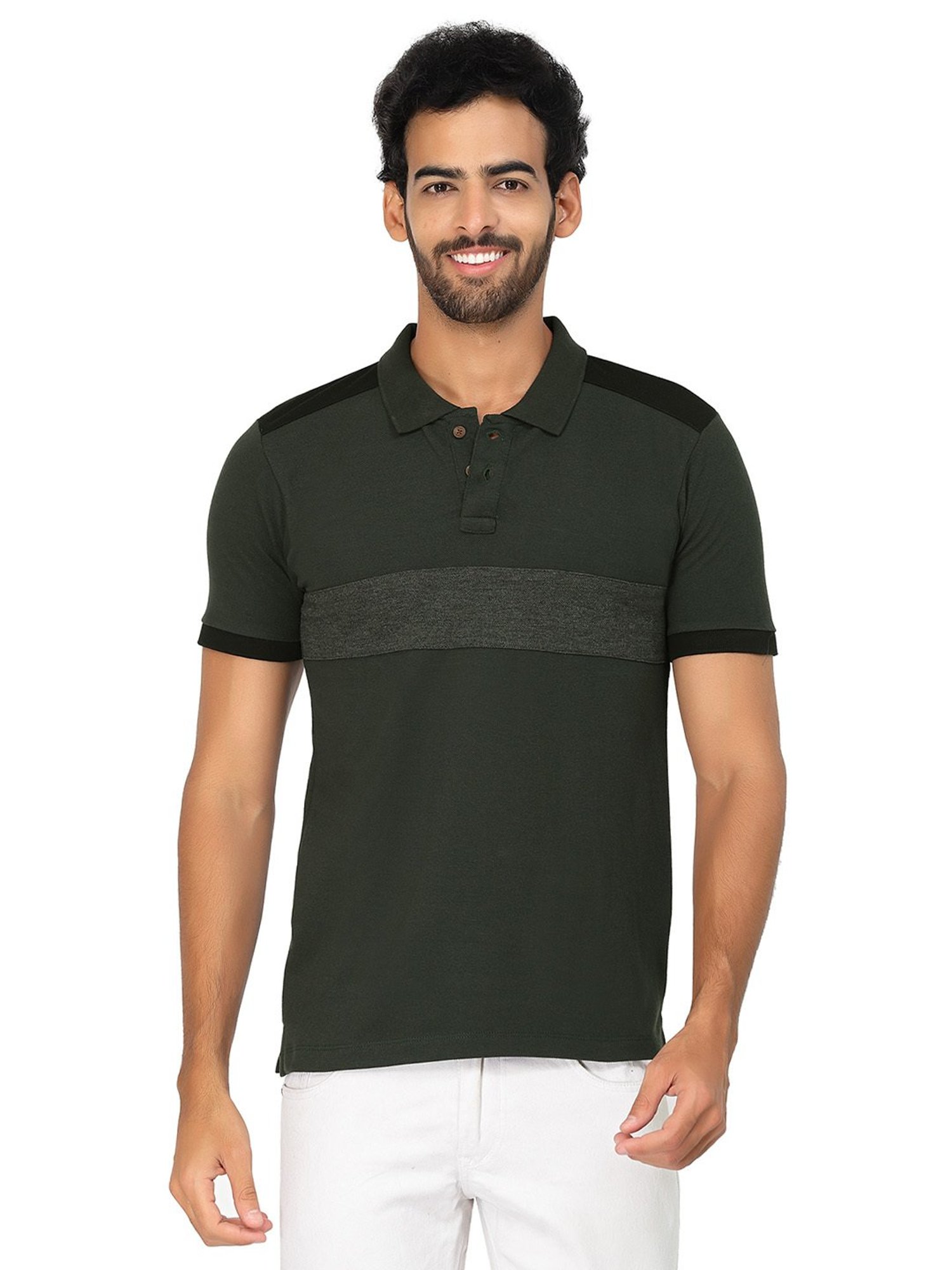 Kalt Dark Green & Dark Grey Regular Fit Polo T-Shirt