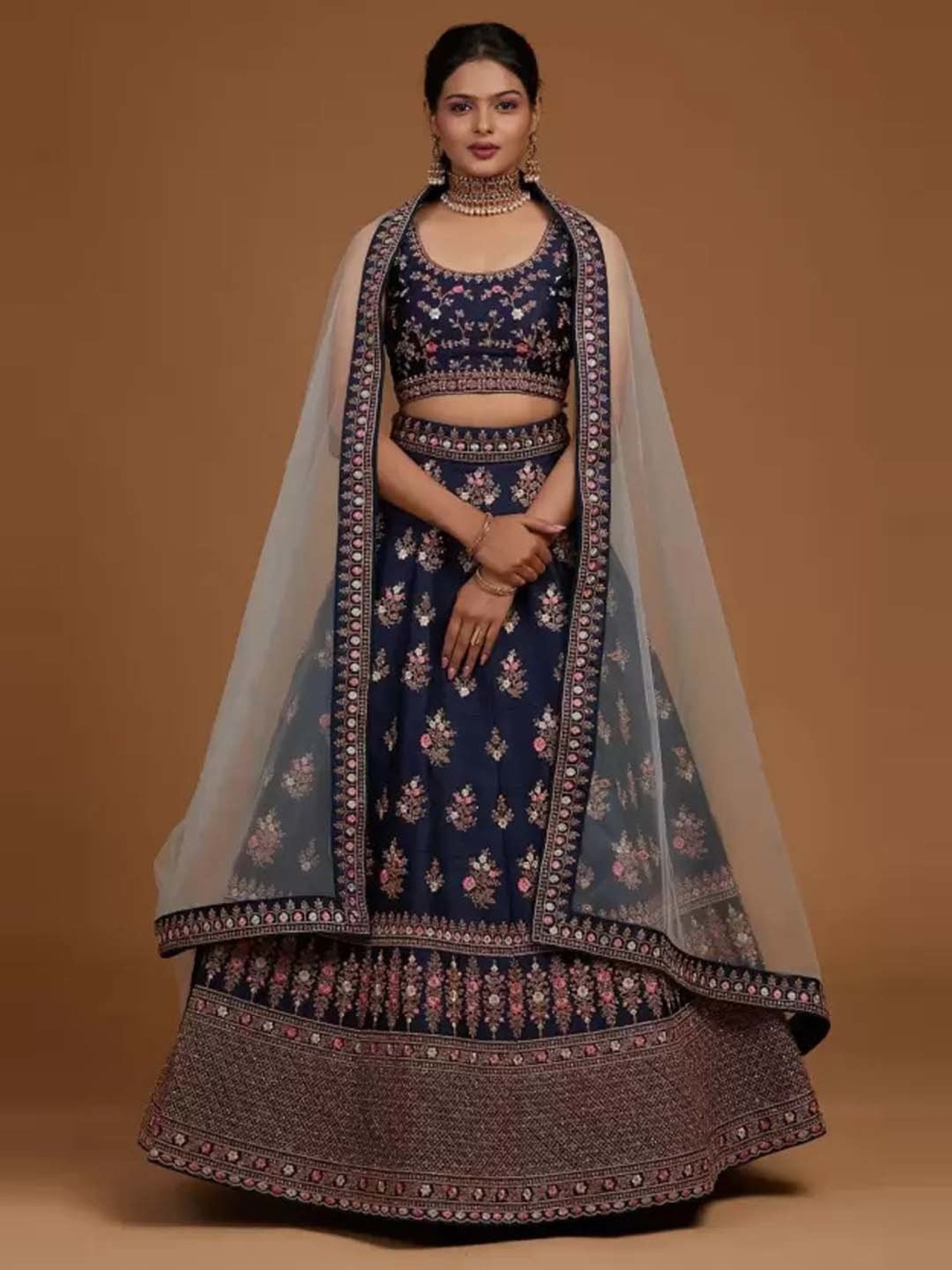 APNISHA Blue Embroidered Semi Stitched Lehenga Choli Set With Dupatta