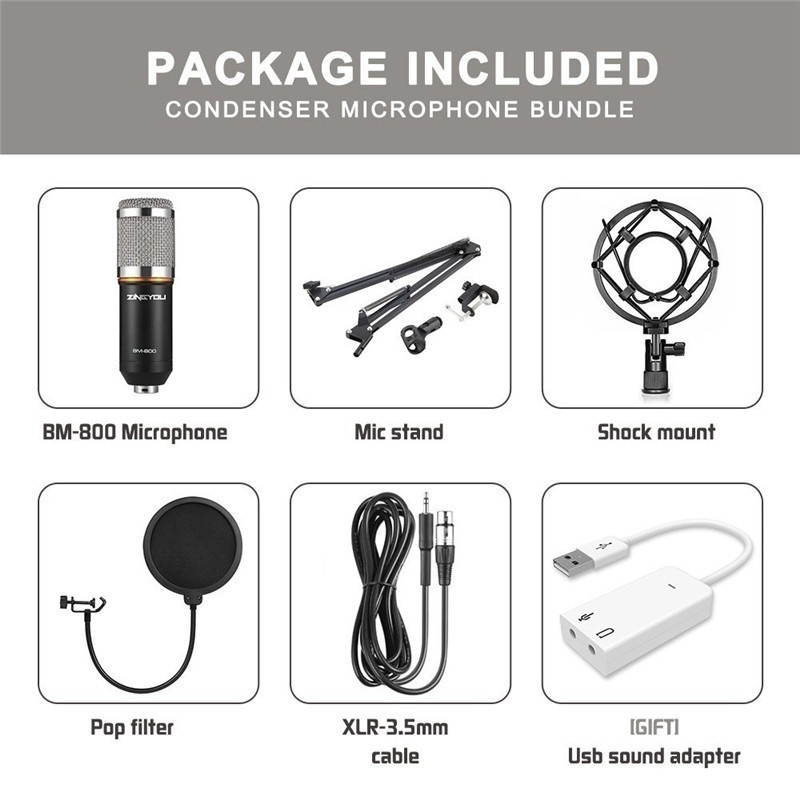 BM-800 Condenser Microphone Kit Pro Audio Studio Recording & Brocasting Podcasts Set
