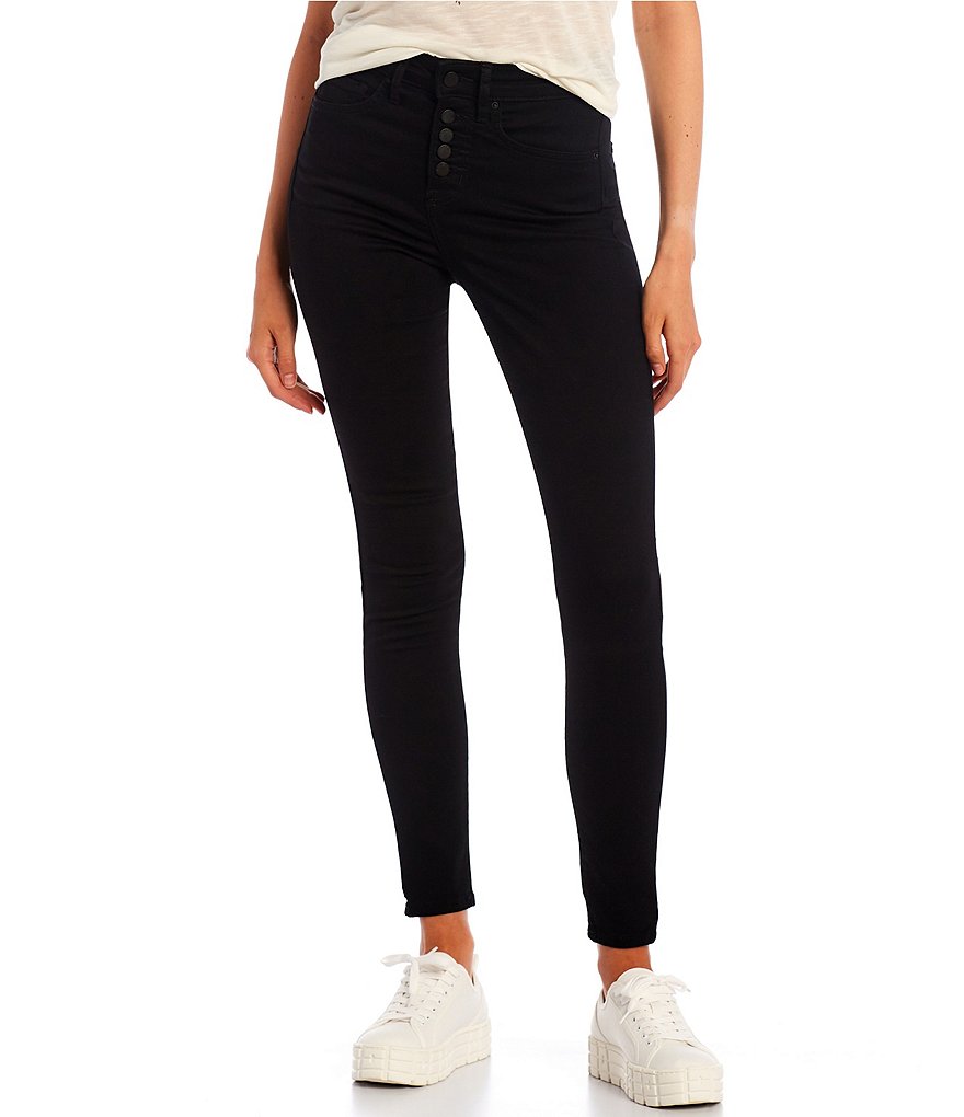 Frayed High Rise Exposed Button Skinny Jeans