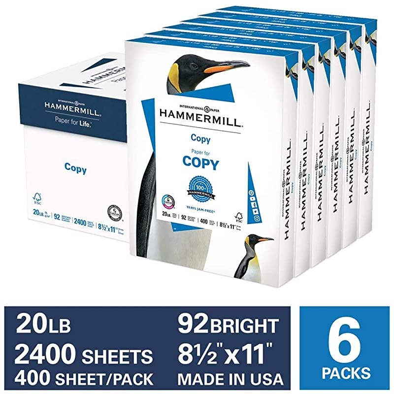 Printer Paper, 20 lb Copy Paper, 8.5 x 11 - 6 Packs (2,400 Sheets) - 92 Bright, Made in the USA