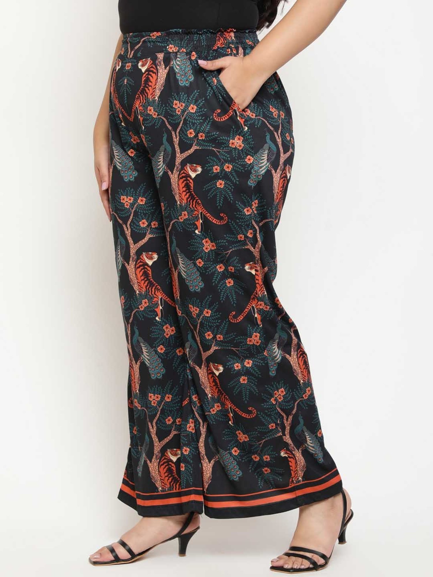 Amydus Jet Black Printed Flared Fit High Rise Pants