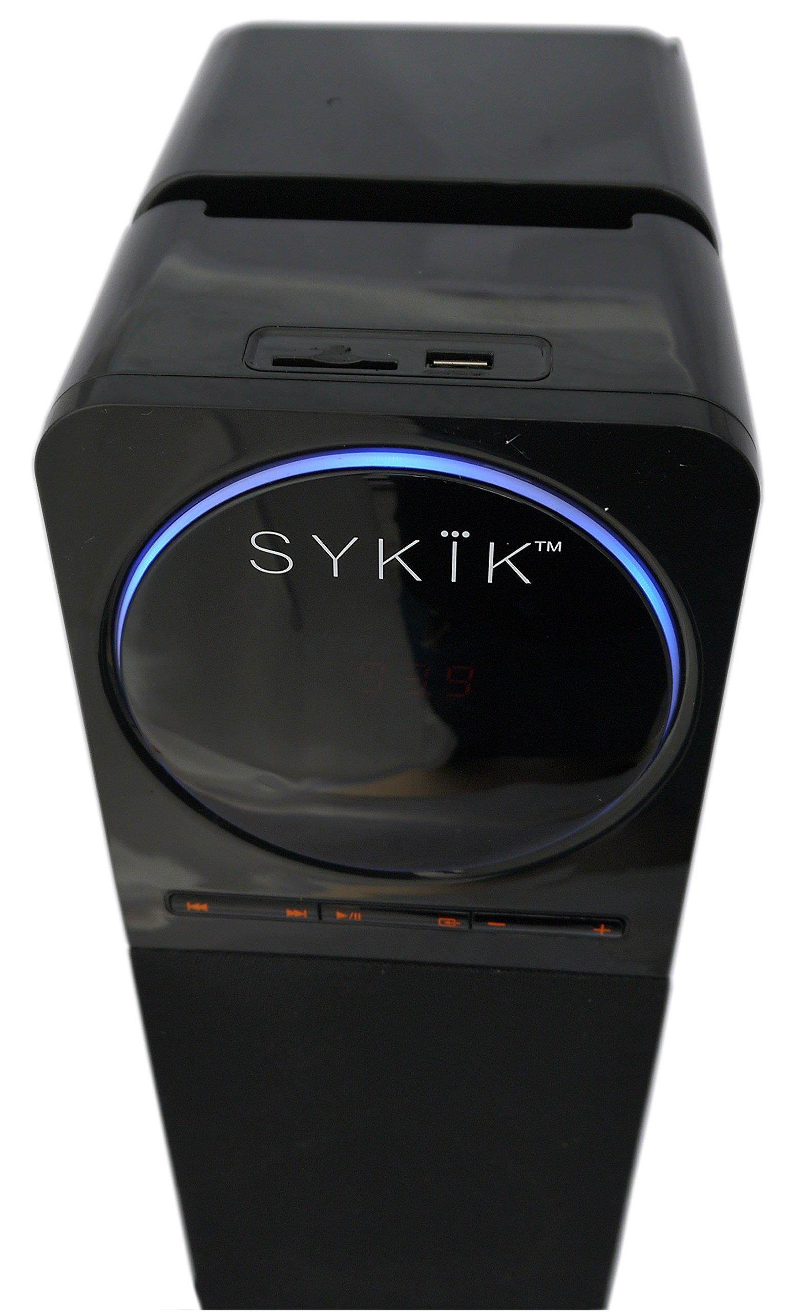 Sykik tower TSME26, high power 60W RMS Tower Speaker with Bluetooth, powerful 6.5 inch sub-woofer, Pair of 4 inch drivers, SD, USB AUX Jacks. FM radio and remote.