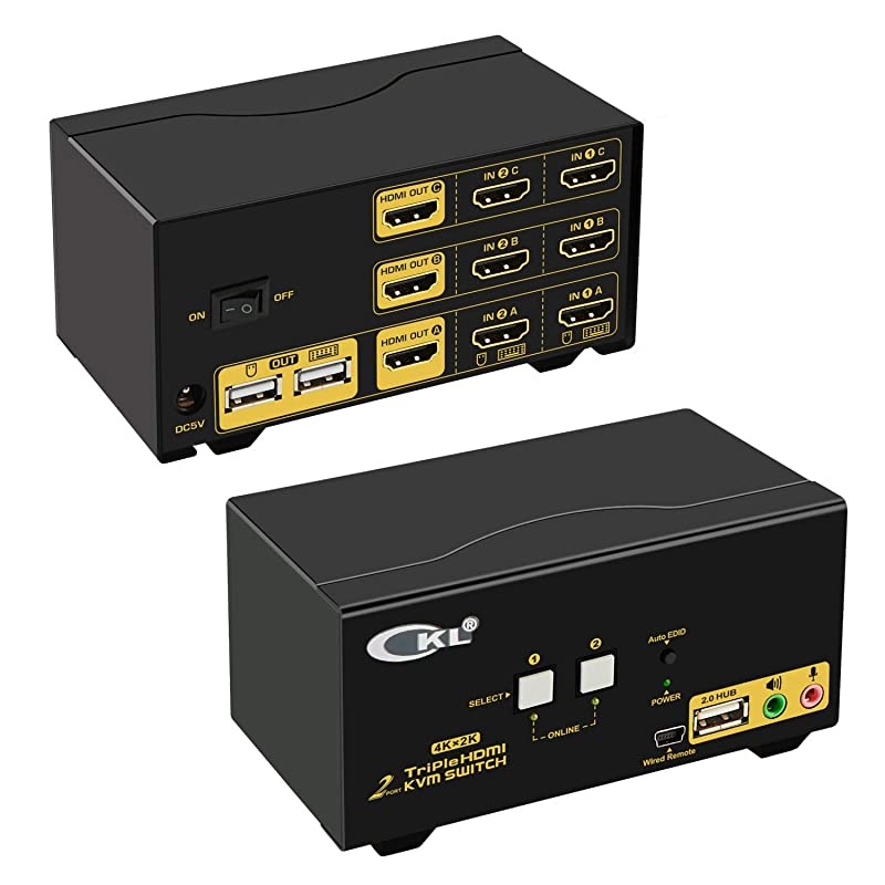 Triple Monitor HDMI KVM Switch 2 Port 4K@30Hz, 2x3 Keyboard Video Mouse Switcher with Cables Support Extended and Mirrored Display for Windows, Linux and Mac