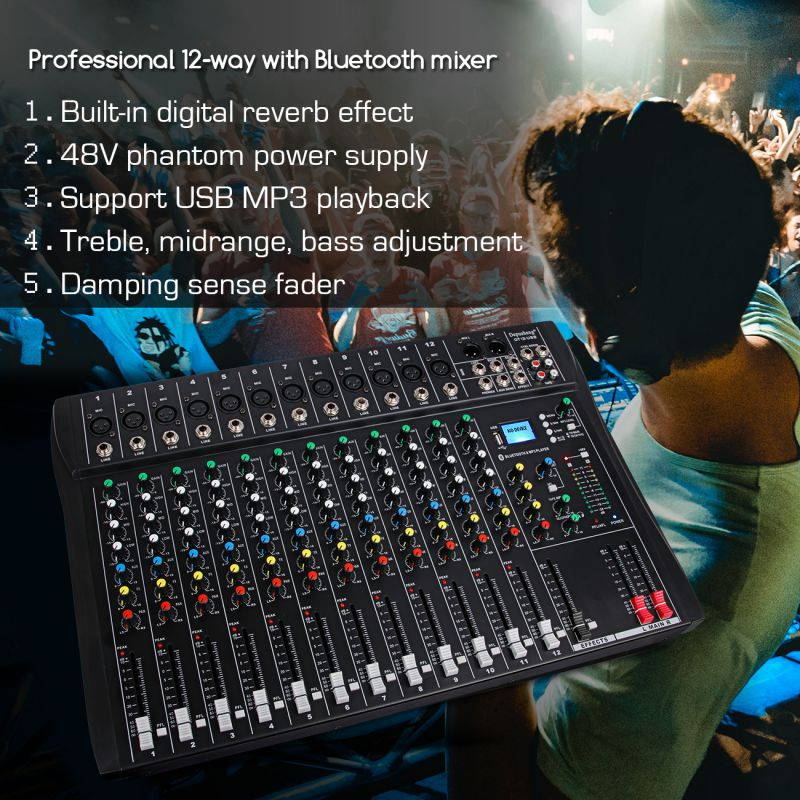 Depusheng DT12 Studio Audio Mixer 12-Channel DJ Interface USB Drive for Computer Recording Input, XLR Microphone Jack, 48V Power, RCA Input/Output for Professional