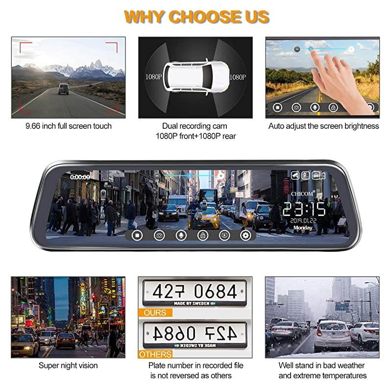 966 inch Mirror Dash Cam Touch Full Screen 1080P 170&deg; Full HD Front Camera1080P 140&deg;Wide Angle Full HD Rear View CameraTimeLapse Photography V401080P
