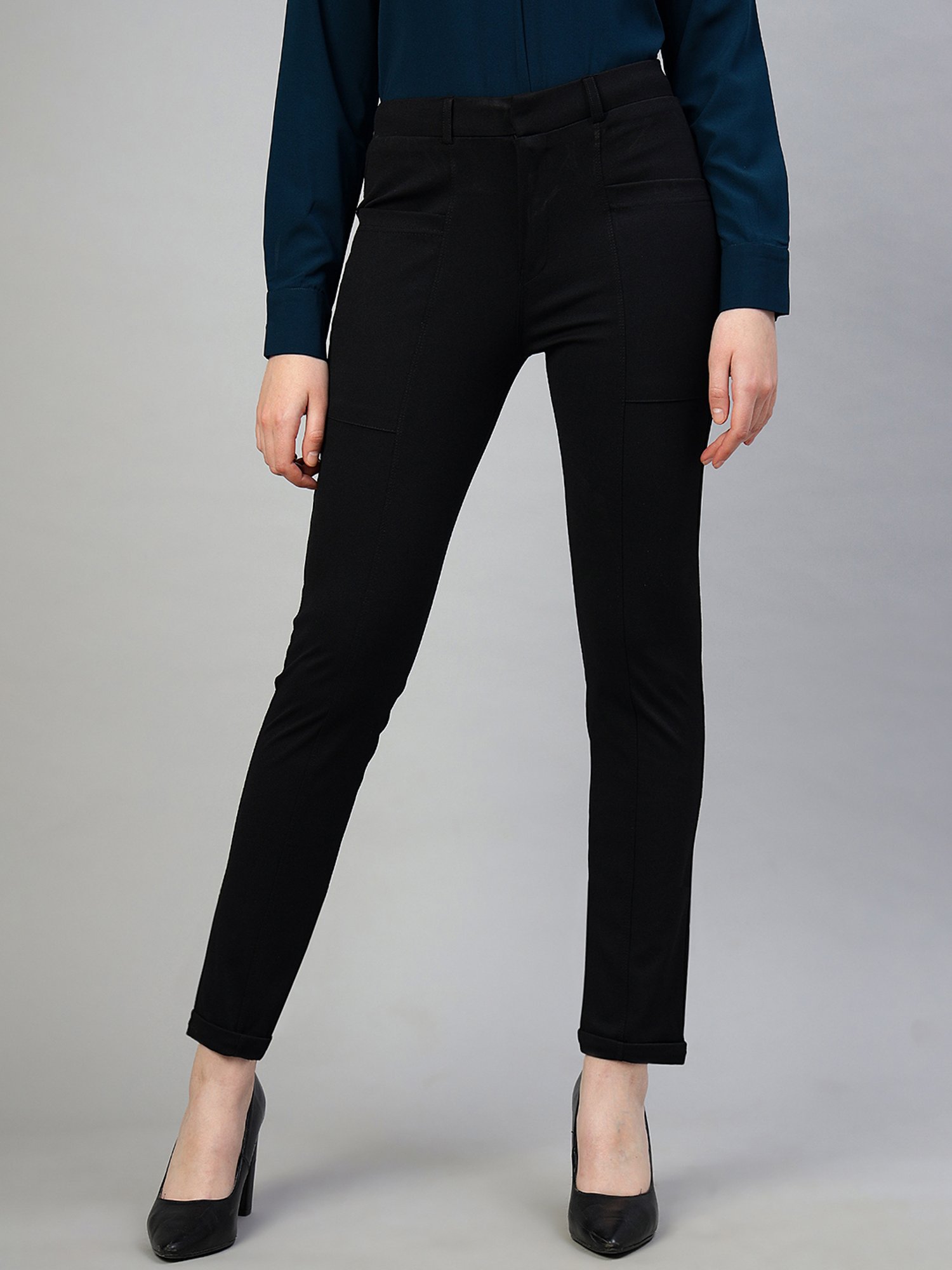 FITHUB Black Slim Fit Mid Rise Trousers
