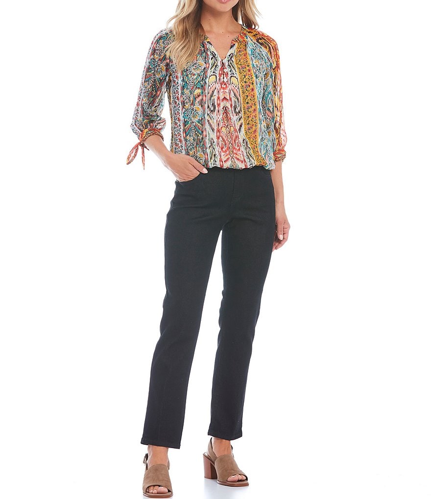 Figueroa & Flower Petite Size Lita Printed Dot Clip Chiffon 3/4 Tie Sleeve Split V-Neck Bubble Hem Top