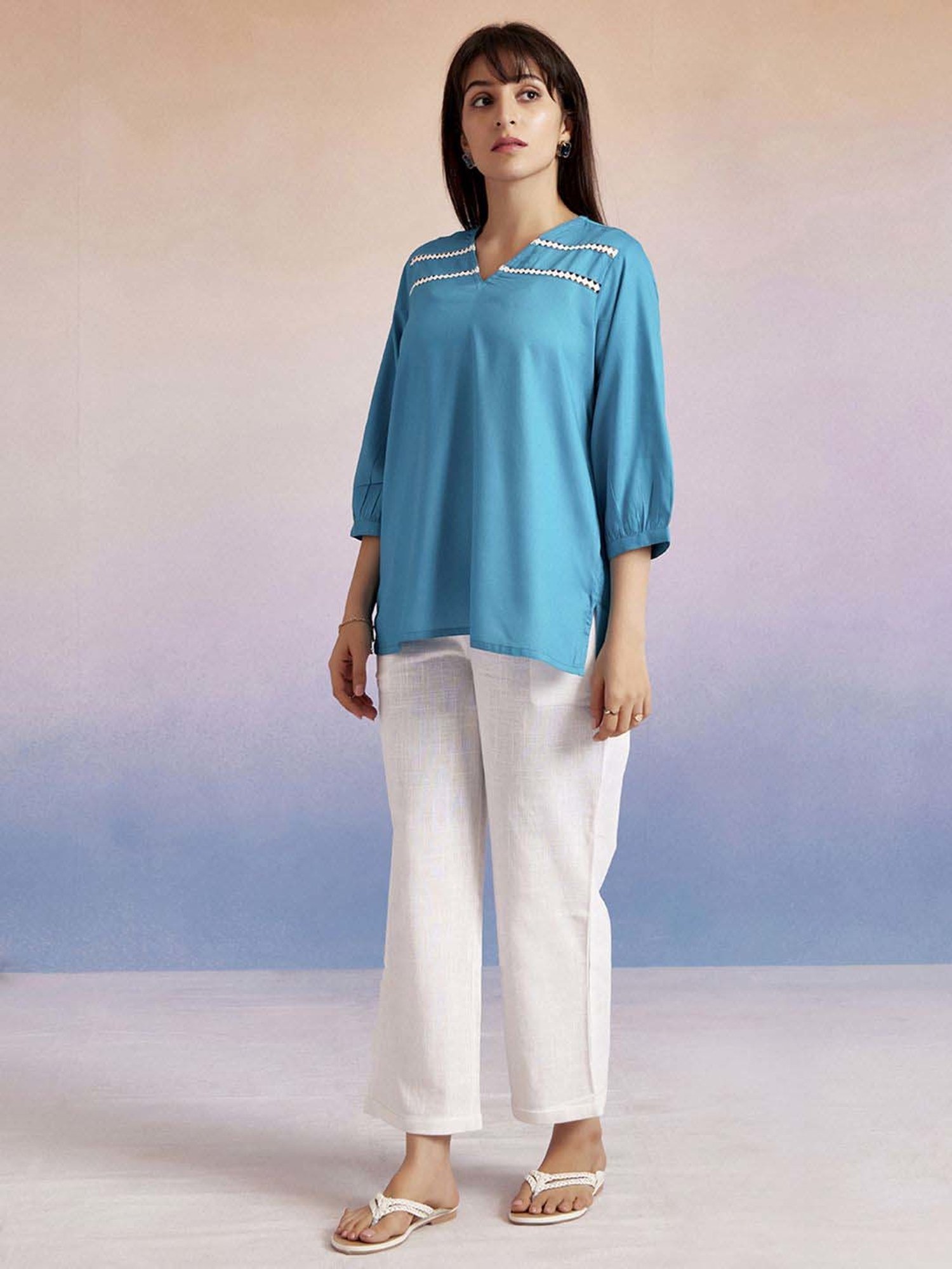 Jaipur Kurti Turquoise Self Pattern Top