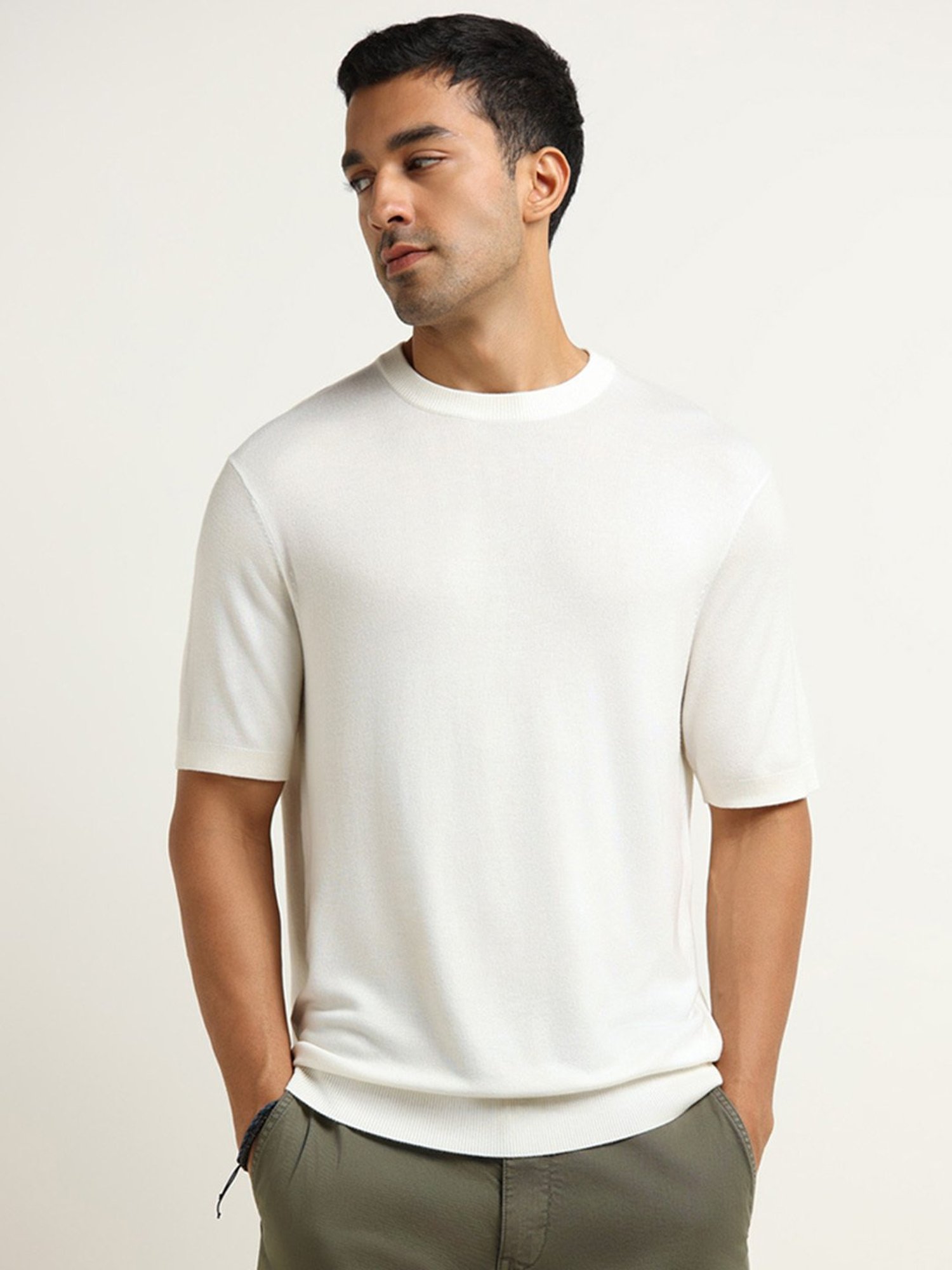 WES Formals by Westside Off-White Slim-Fit Ribbed T-Shirt