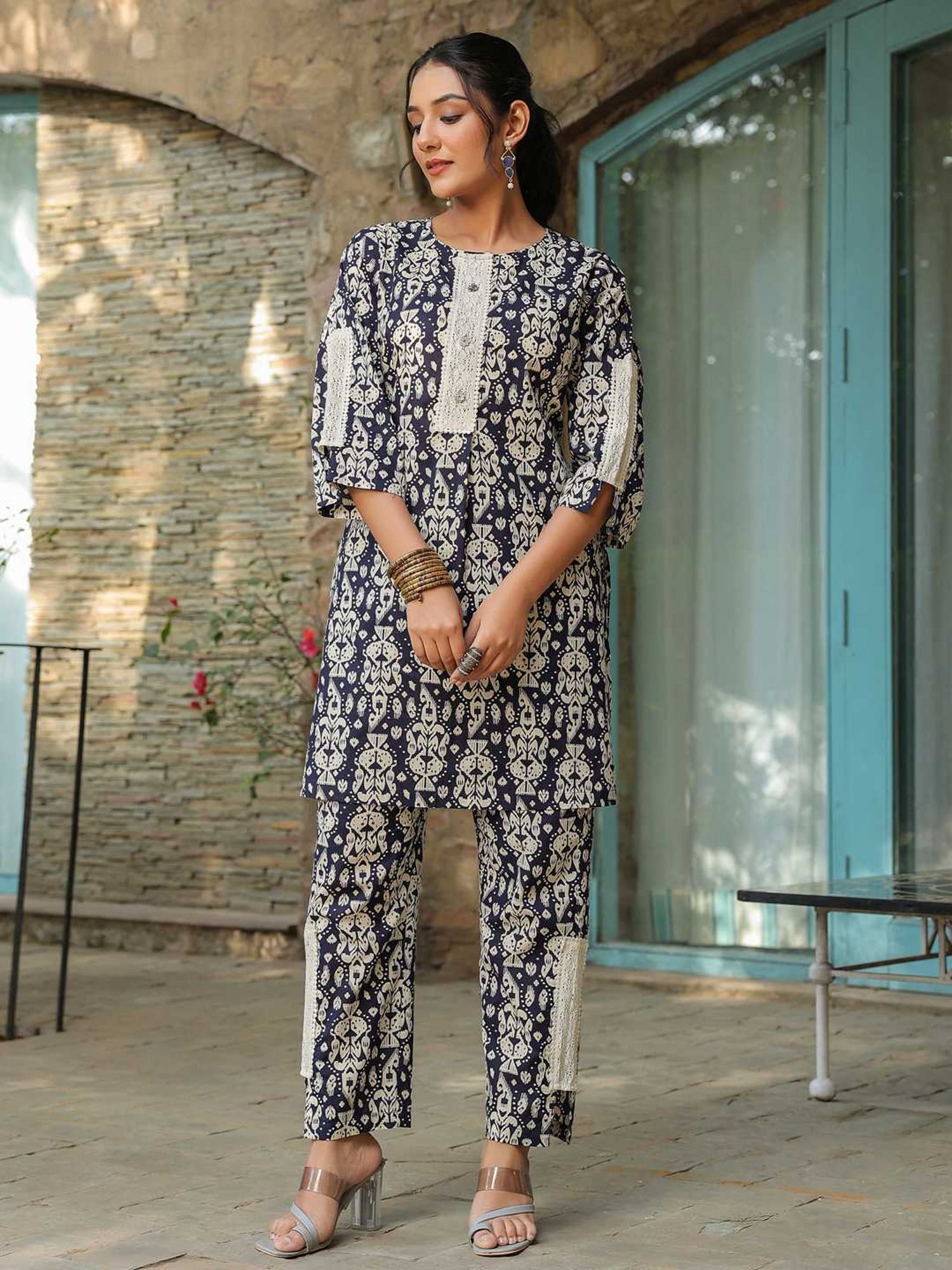 Rain and Rainbow Navy Cotton Printed Kurti & Pant Set