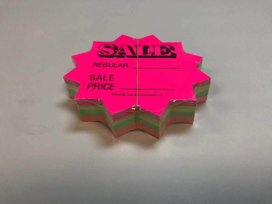 PFB500 - Fluorescent Printed Star Burst Price Cards"Sale Regular Sale Price" Pack of 100 25 Each Color 4 Sizes to Choose from (5 1/2" inch)