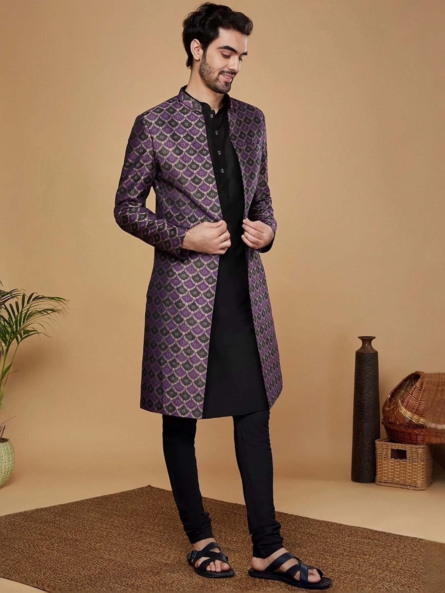 Hangup Plus Beige & Black Regular Fit Printed Sherwani Set