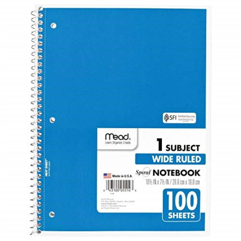 Spiral Bound Notebook, Wide/Margin Rule,10-1/2x8,White,1 Subject 100 Sheets/Pad by MEAD (catalog category: Paper, Envelopes & Mailers / Notebooks)
