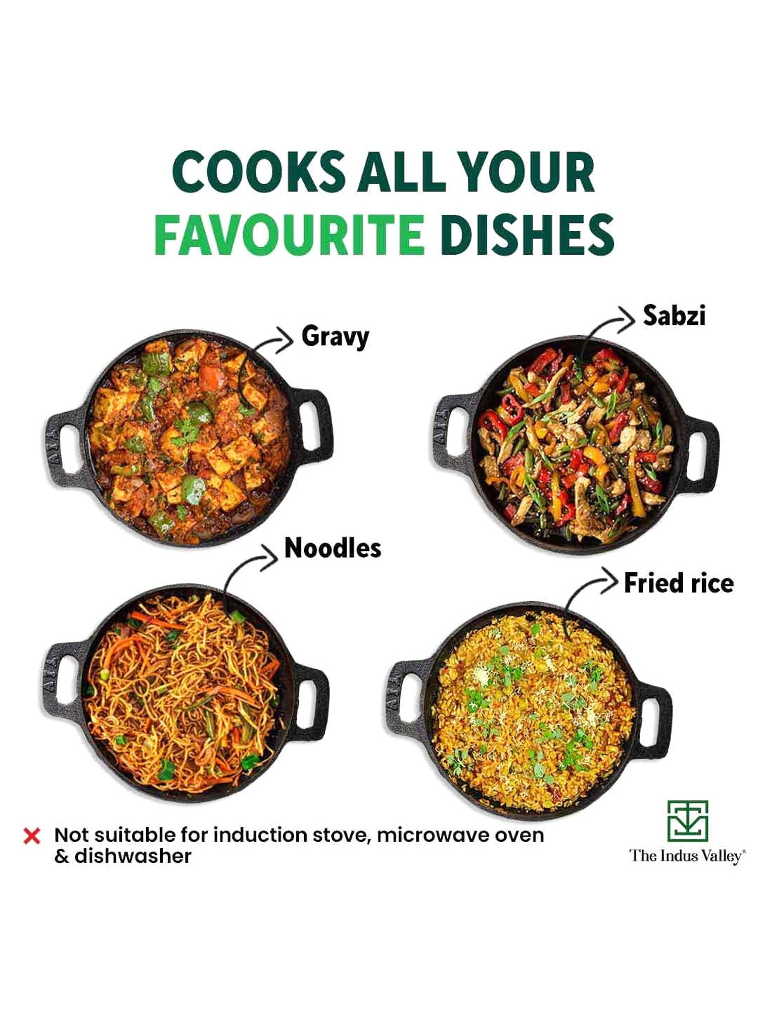 The Indus Valley Black Cast Iron Kadai with Free Wooden Flip (25.4cm,2.5L)