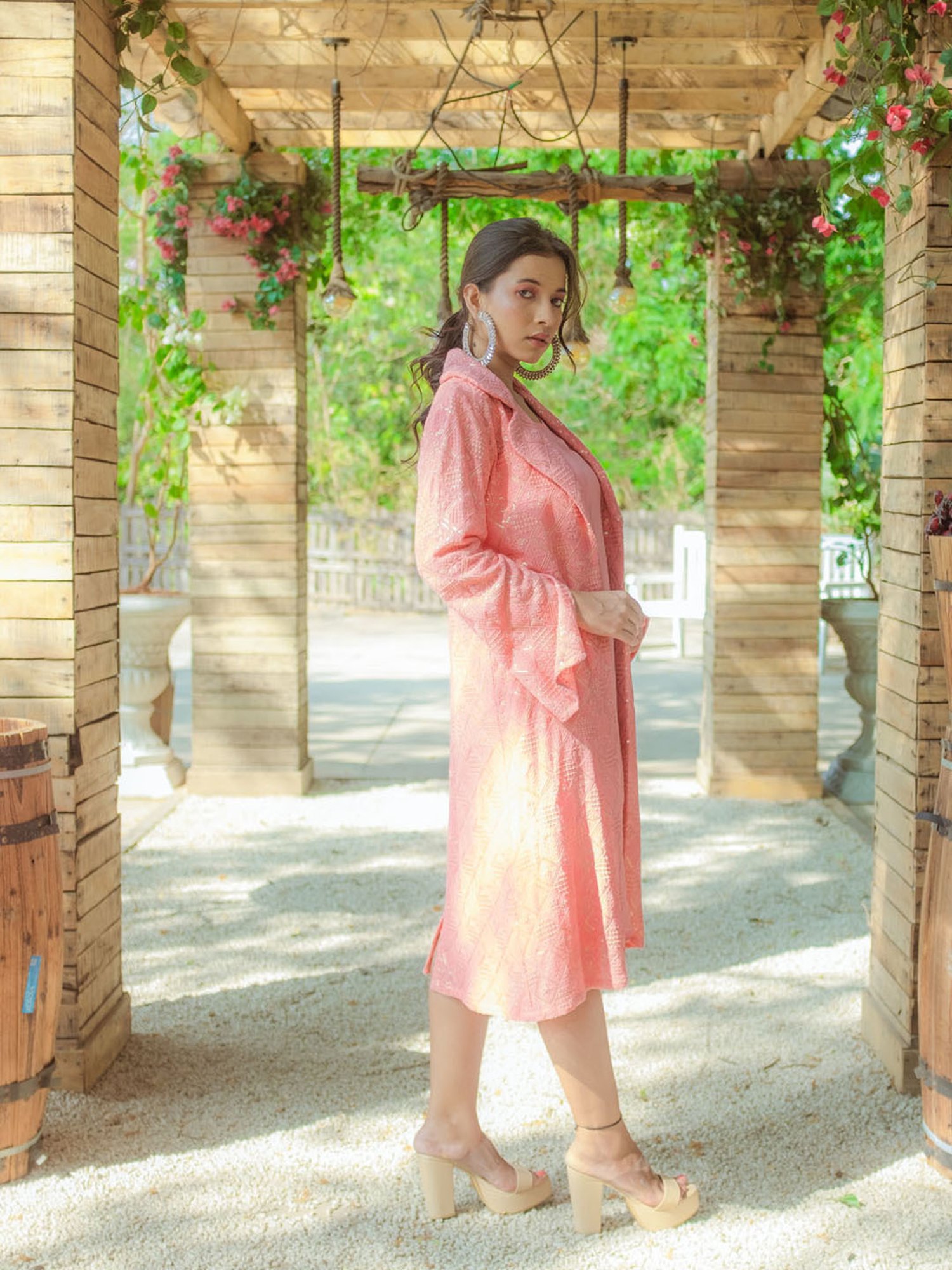 Monk and Mei Heer Dress & Chikankari Jacket- Peachy Melon