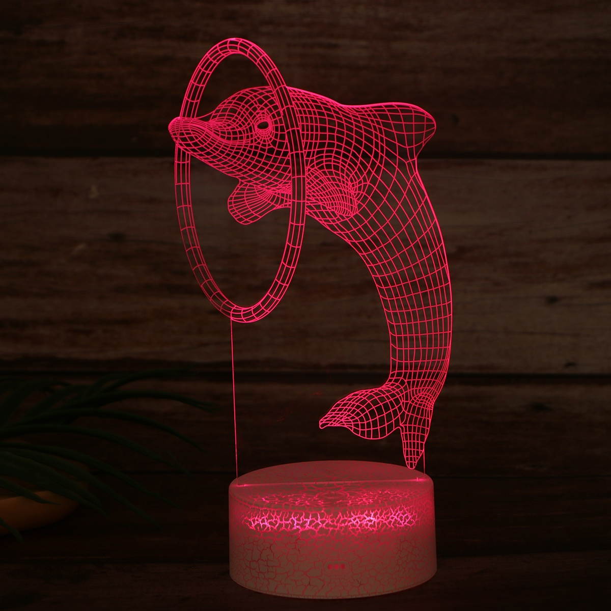 3D Visual Light Dolphin Through Ring Illusion Light USB Acrylic Touch Switch Cracked Pattern Base LED Colorful Lamp Desktop Ornament (White/Gradient Color)