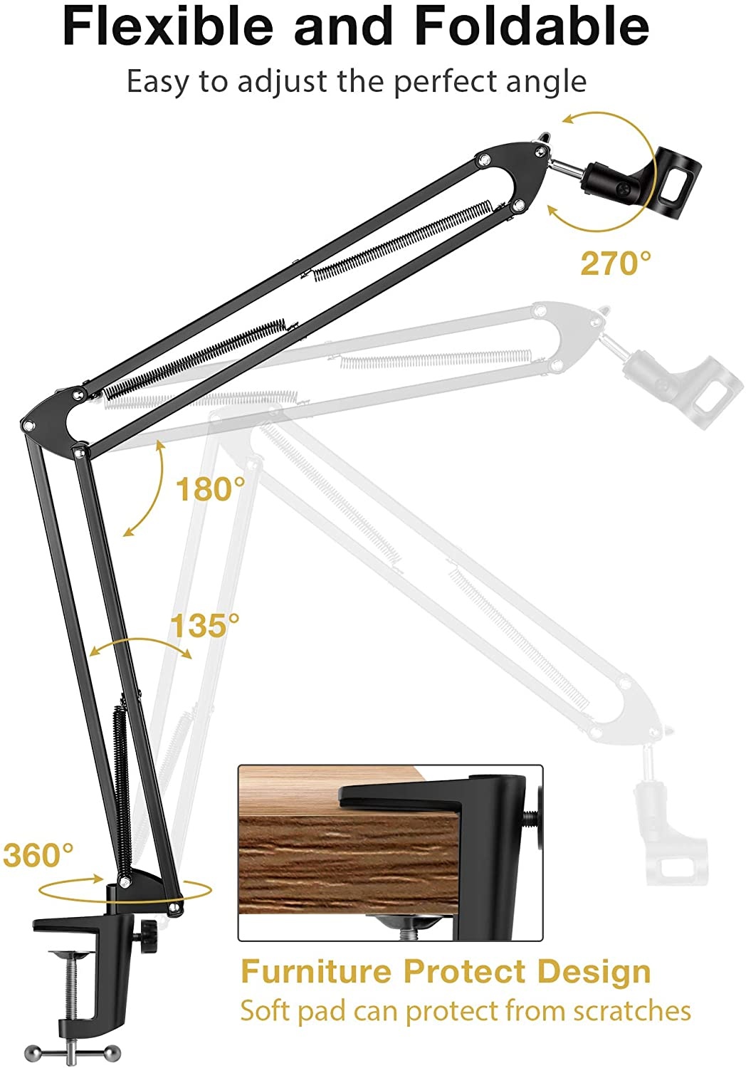 Microphone Stand, Upgraded Mic Stand Max Load 4.0 lb Boom Scissor Arm Stand with Windscreen, Pop Filter, 3/8" to 5/8" Screw Adapter, Mic Clip and Cable Ties for Blue Yeti and Other Mic