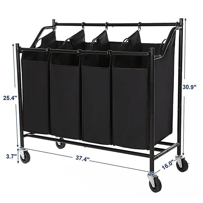 Rolling Laundry Cart Sorter with 4 Removable Bags Casters and Brakes Black