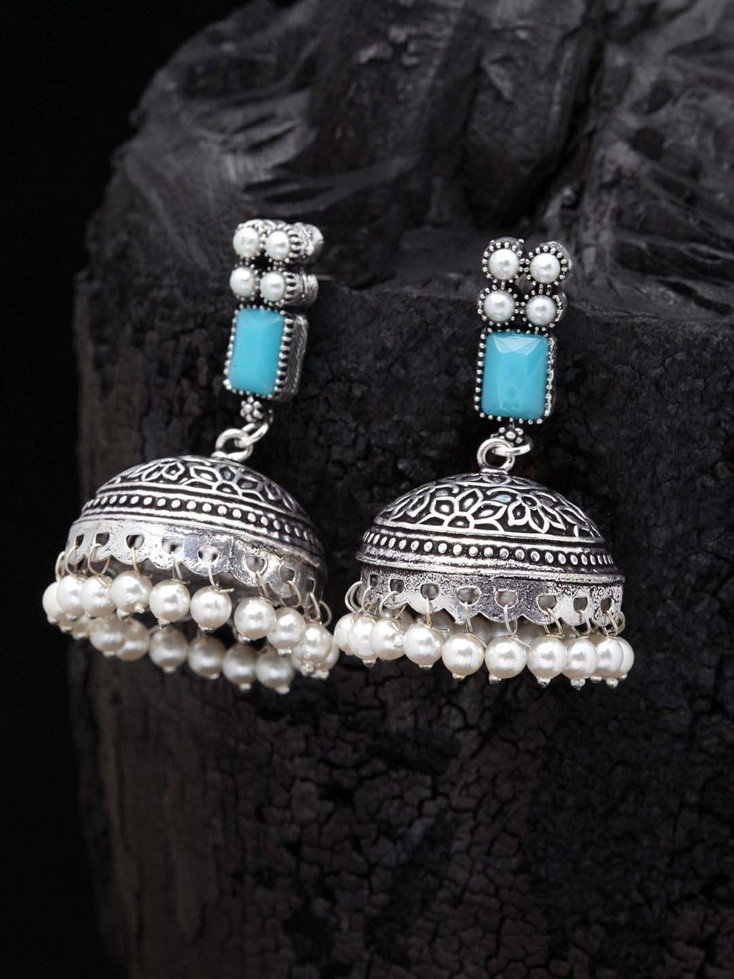 Panash Silver-Plated Oxidised Jhumki Earrings