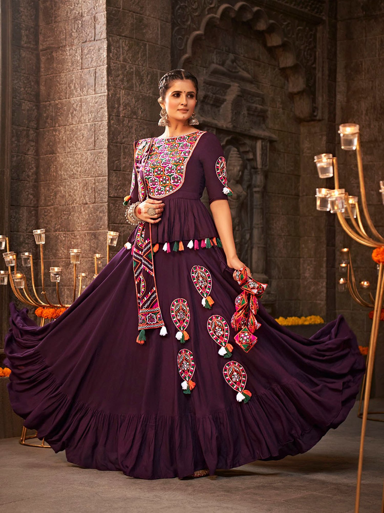 SHUBHKALA Purple Embroidered Lehenga Choli Set With Dupatta