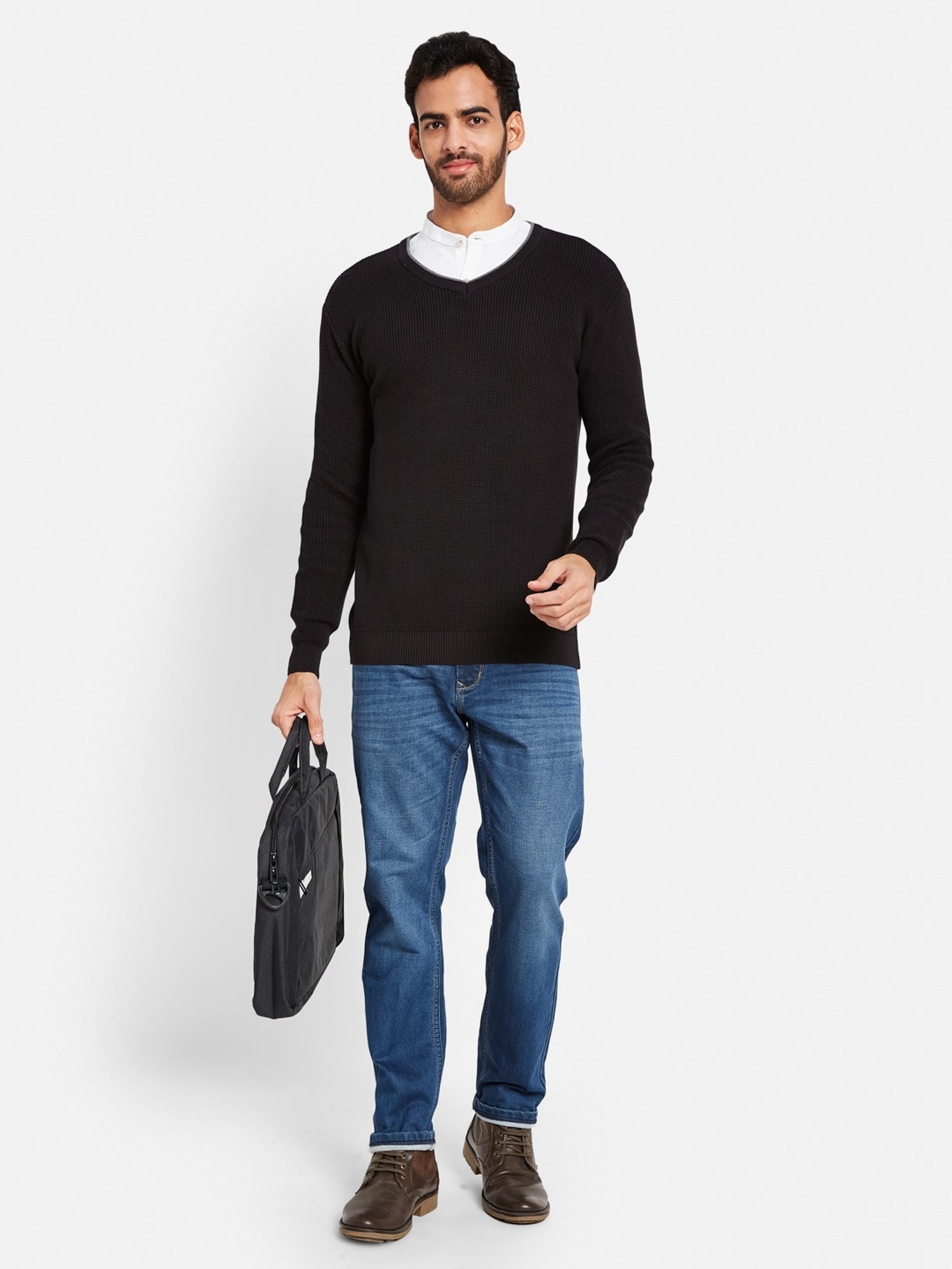 METTLE Black Cotton Regular Fit Sweater