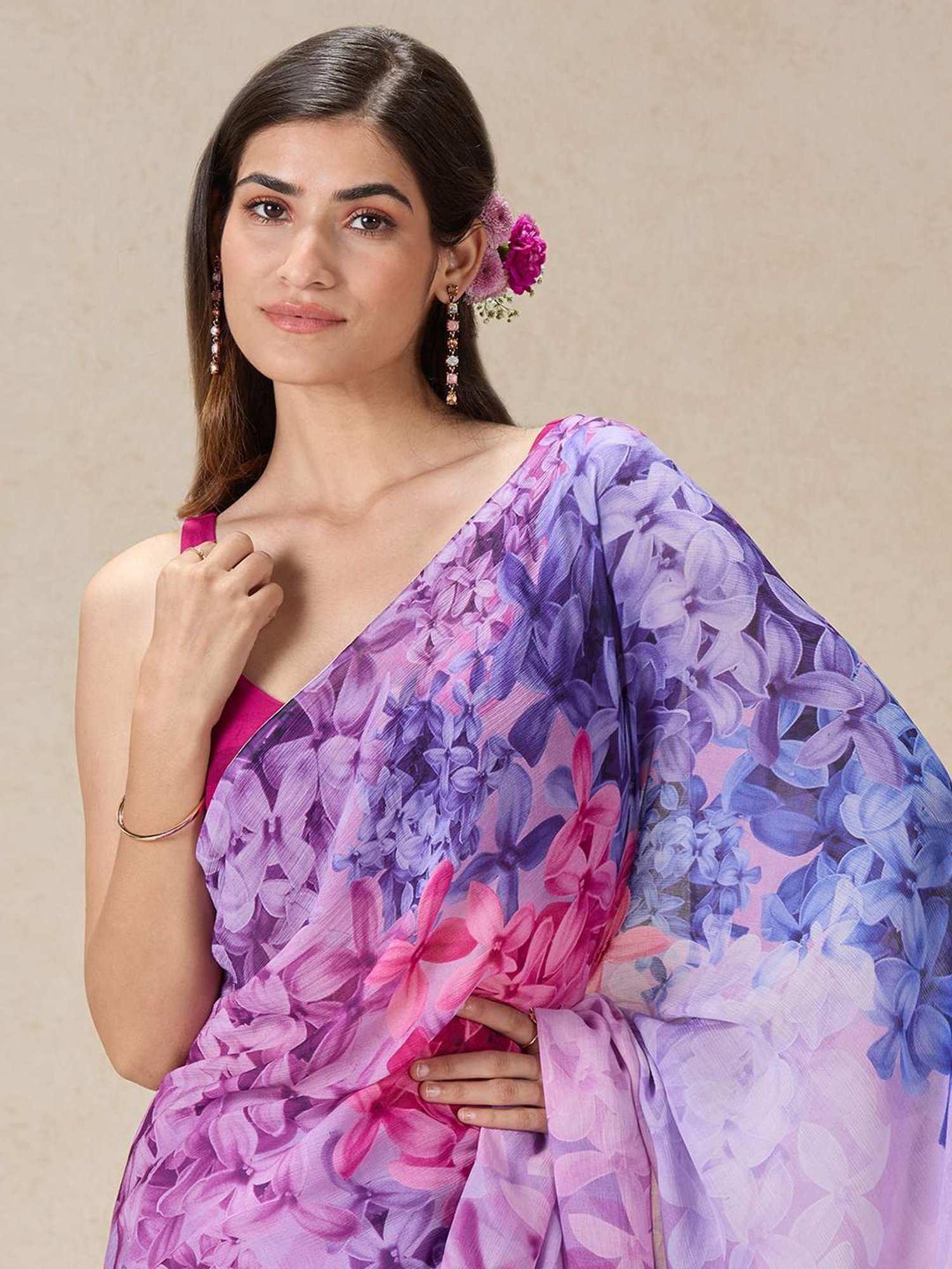 navyasa by liva Purple Printed Saree With Unstitched Blouse