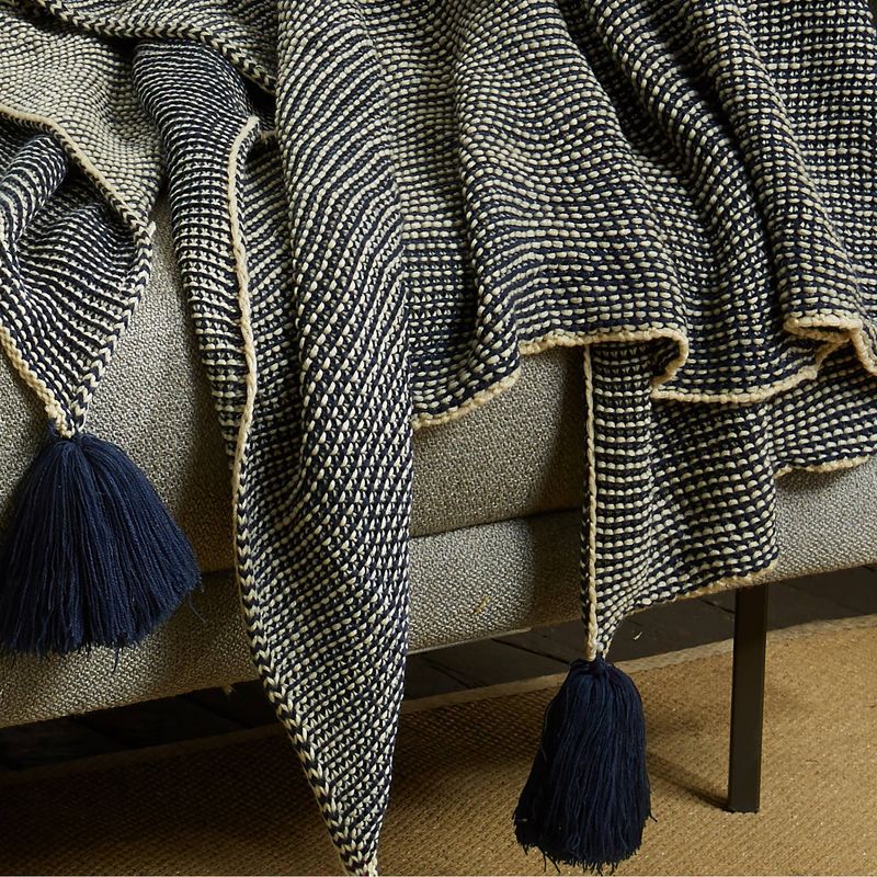 50"x60" Solid Throw Blanket with Pom-Poms Navy/Natural - Patina Vie