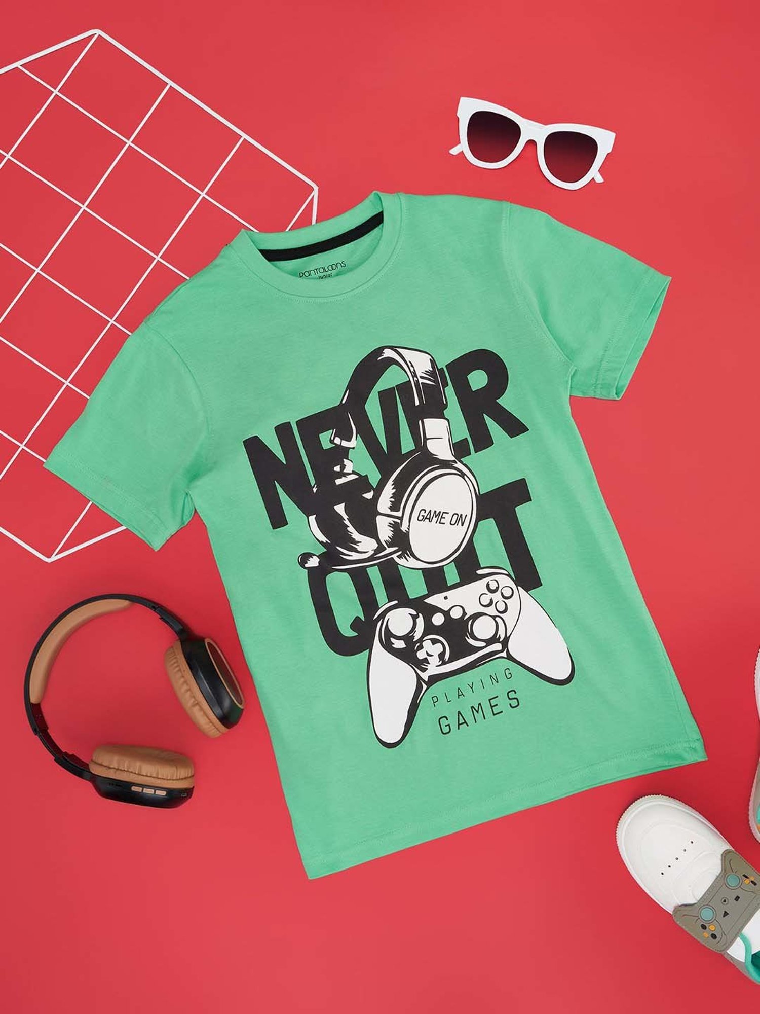 Pantaloons Junior Kids Holly Green Cotton Printed T-Shirt