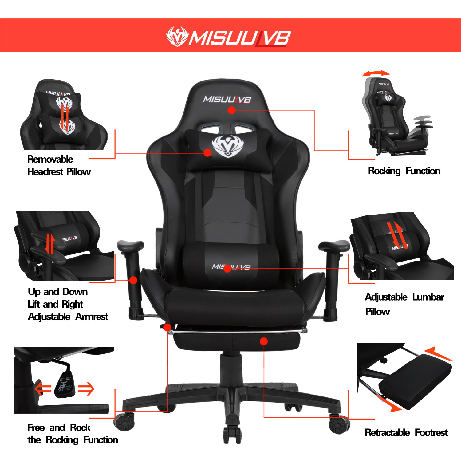 Gaming Chair, Racing Style Computer Desk Chair Padded Armrests Ergonomic Lumbar Support Adjustable Height