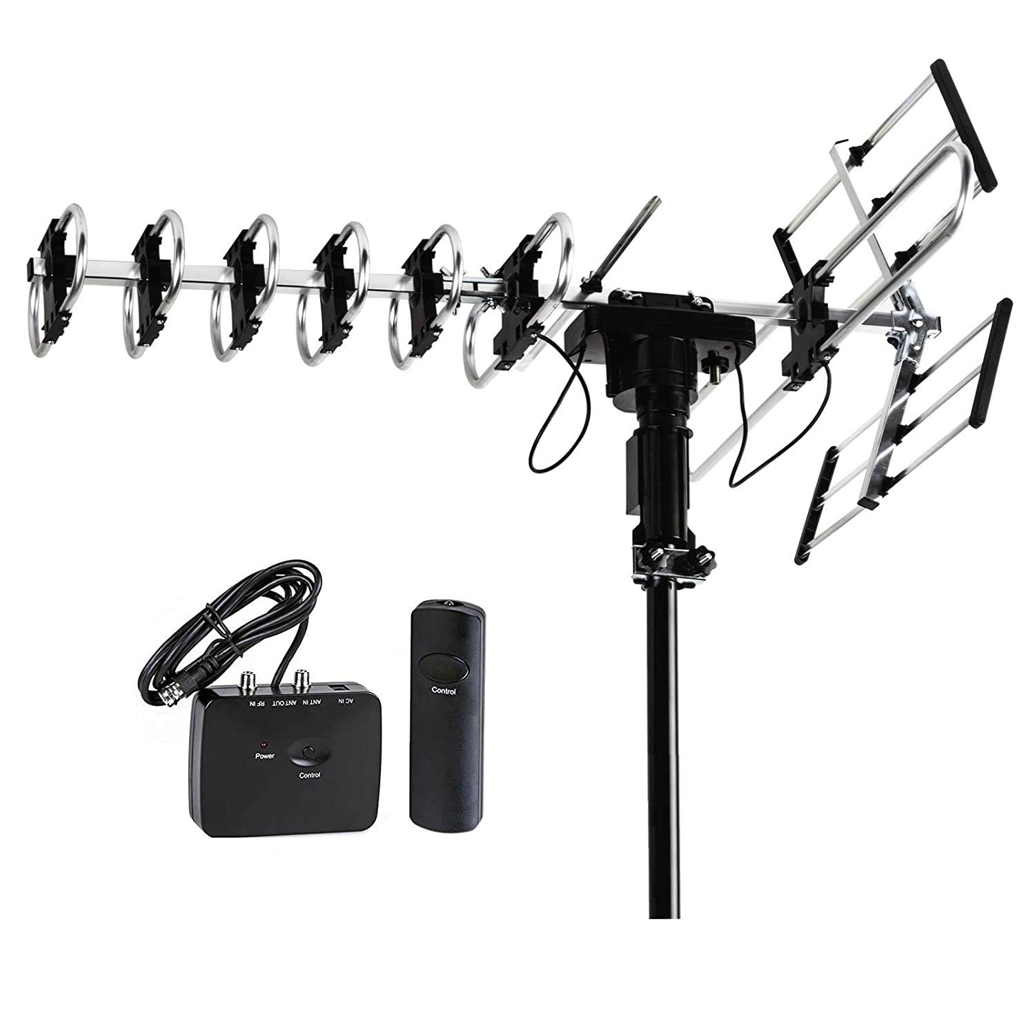FiveStar Outdoor HD TV Antenna 2019 Newest Model Up to 200 Miles Long Range with Motorized 360 Degree Rotation, UHF/VHF/FM Radio with Infrared Remote Control Advanced Design
