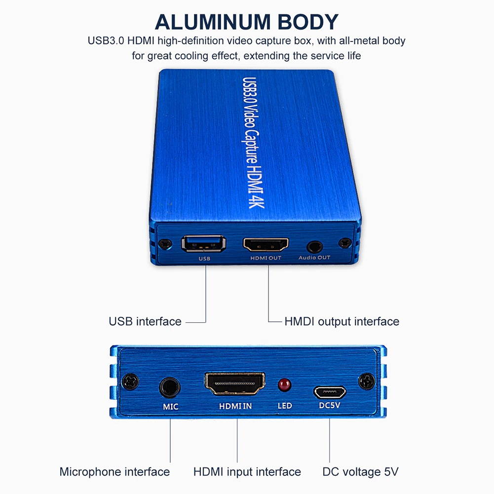 4K HDMI Capture Card Video Capture Device HDMI to USB 3.0 Game Broadcast Microphone HD 1080p Live Streaming Video Record Capture