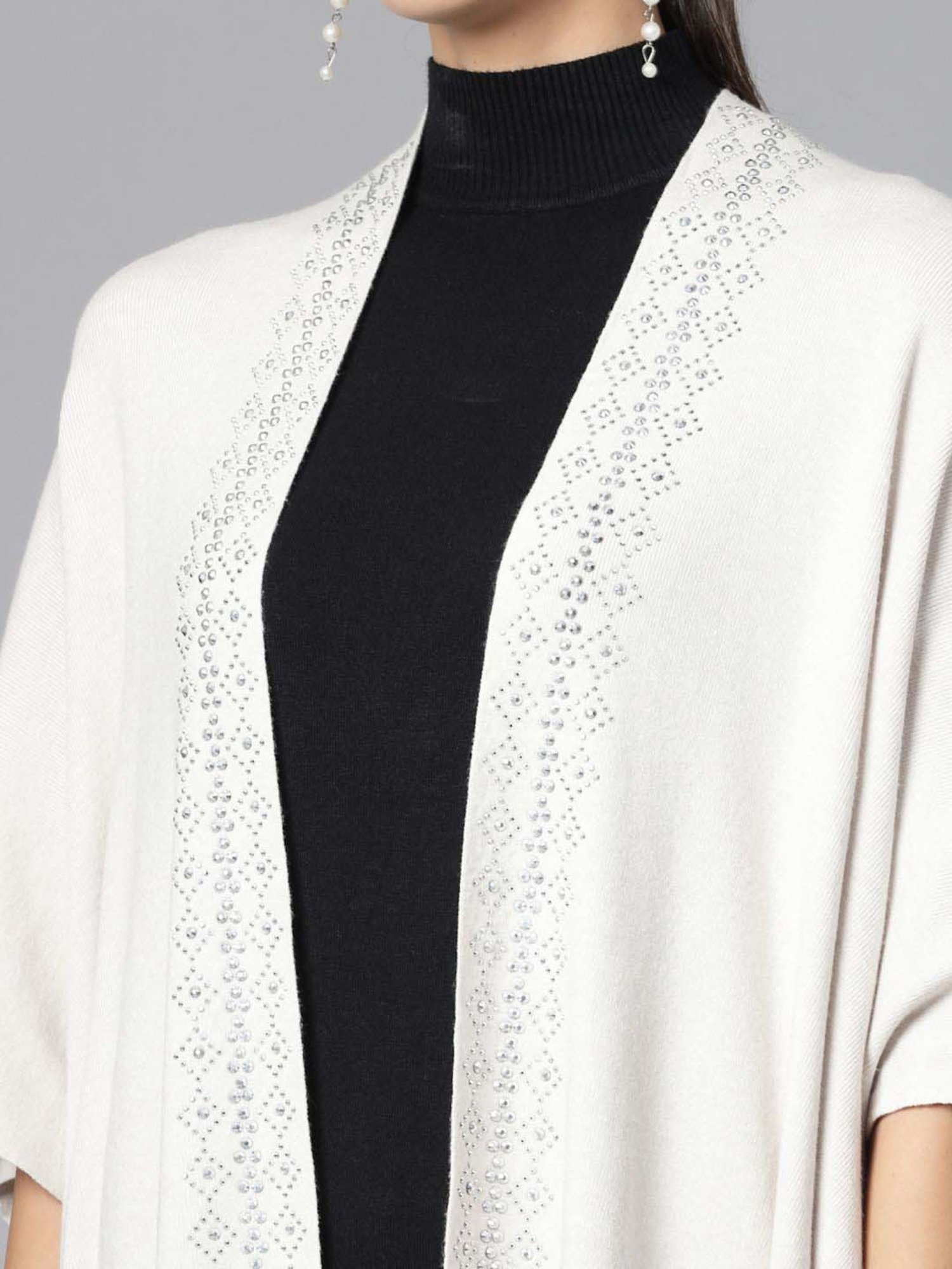 Mafadeny White Embellished Top Pants Set With Shrug