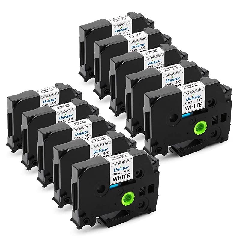 Compatible Label Tape Replacement for Brother PTouch 12mm 047 Inch Laminated Black on White Tape TZe231 TZe231 TZ231 for Label Maker PTD210 PTD400 PTD600 PT1280 262 Feet 10 Pack