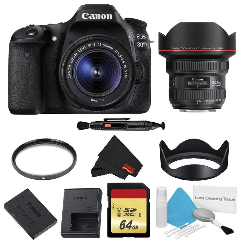 Canon EOS 80D DSLR Camera with 18-55mm Lens Bundle w/ Memory Kit + 11-24mm Lens (Intl Model)