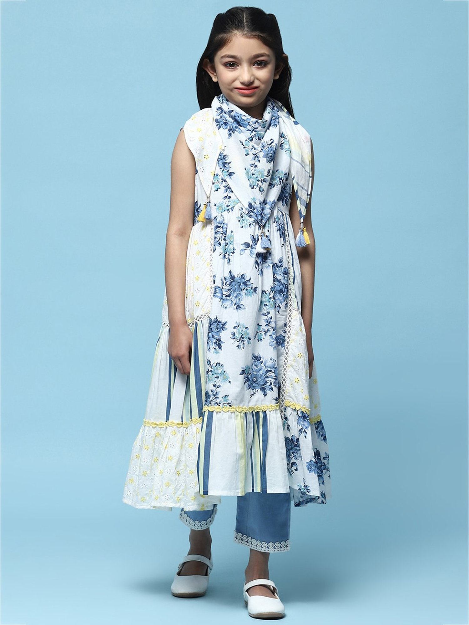 BIBA Girls White & Blue Floral Print Kurta, Pants, with Dupatta