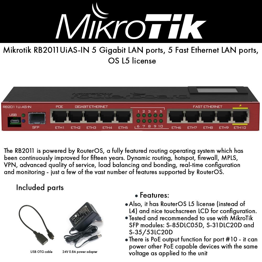 MikroTik - RB2011UIAS-IN - RouterBOARD 2011UiAS-IN with Atheros 74K MIPS CPU, 128MB RAM, 1x SFP port, 5x LAN, 5x Gigabit