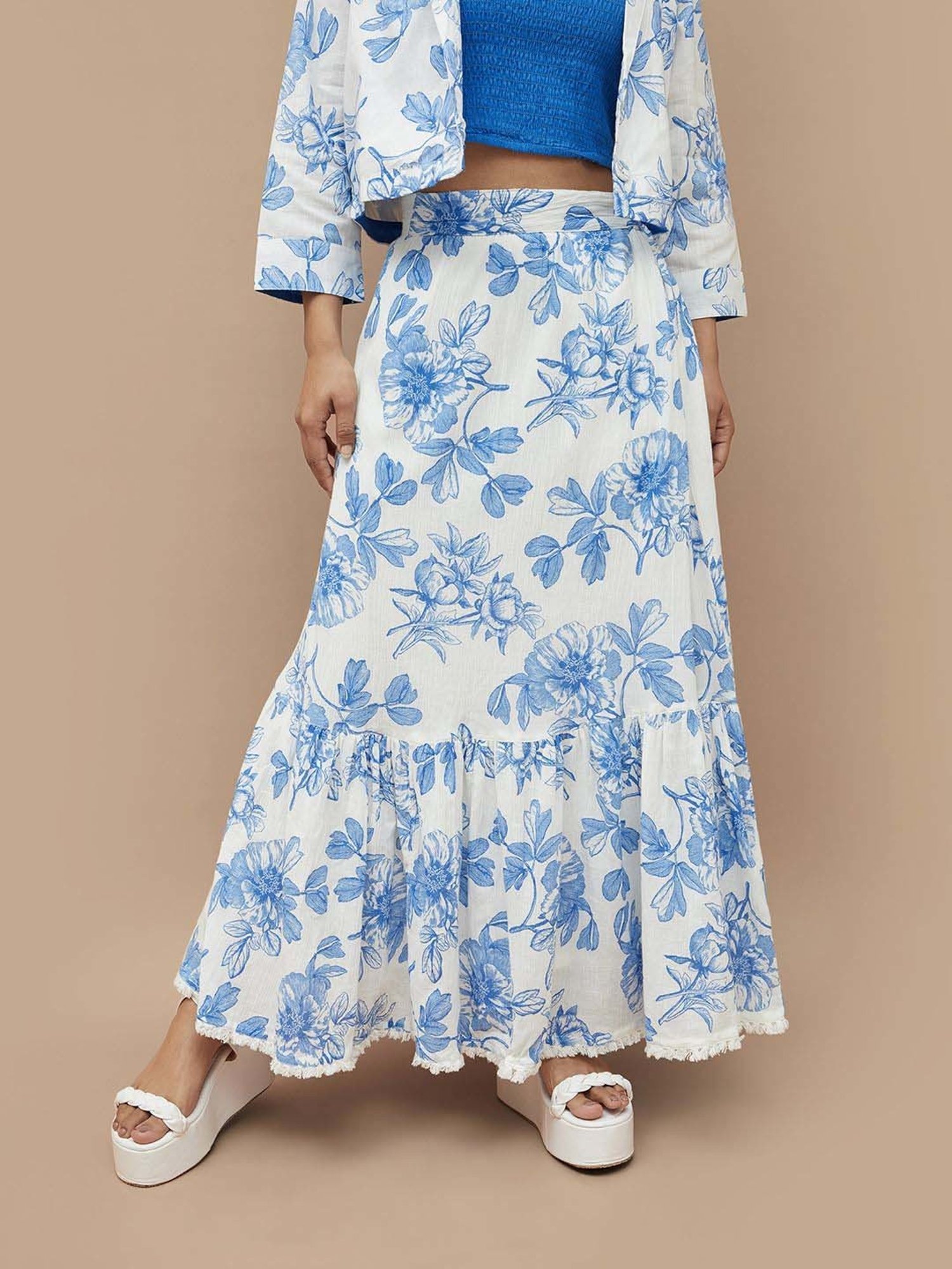 Colour Me by Melange White & Blue Cotton Floral Print Maxi Skirt