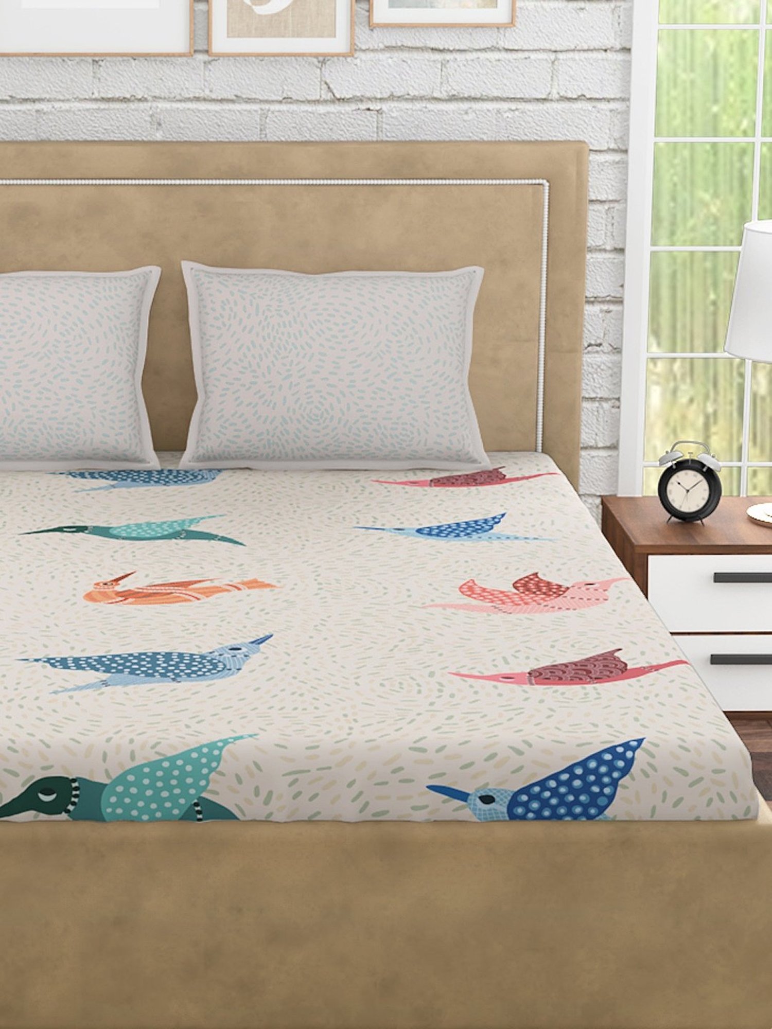 Petal Home Gondi Bird White Cotton 300 TC Bedsheet