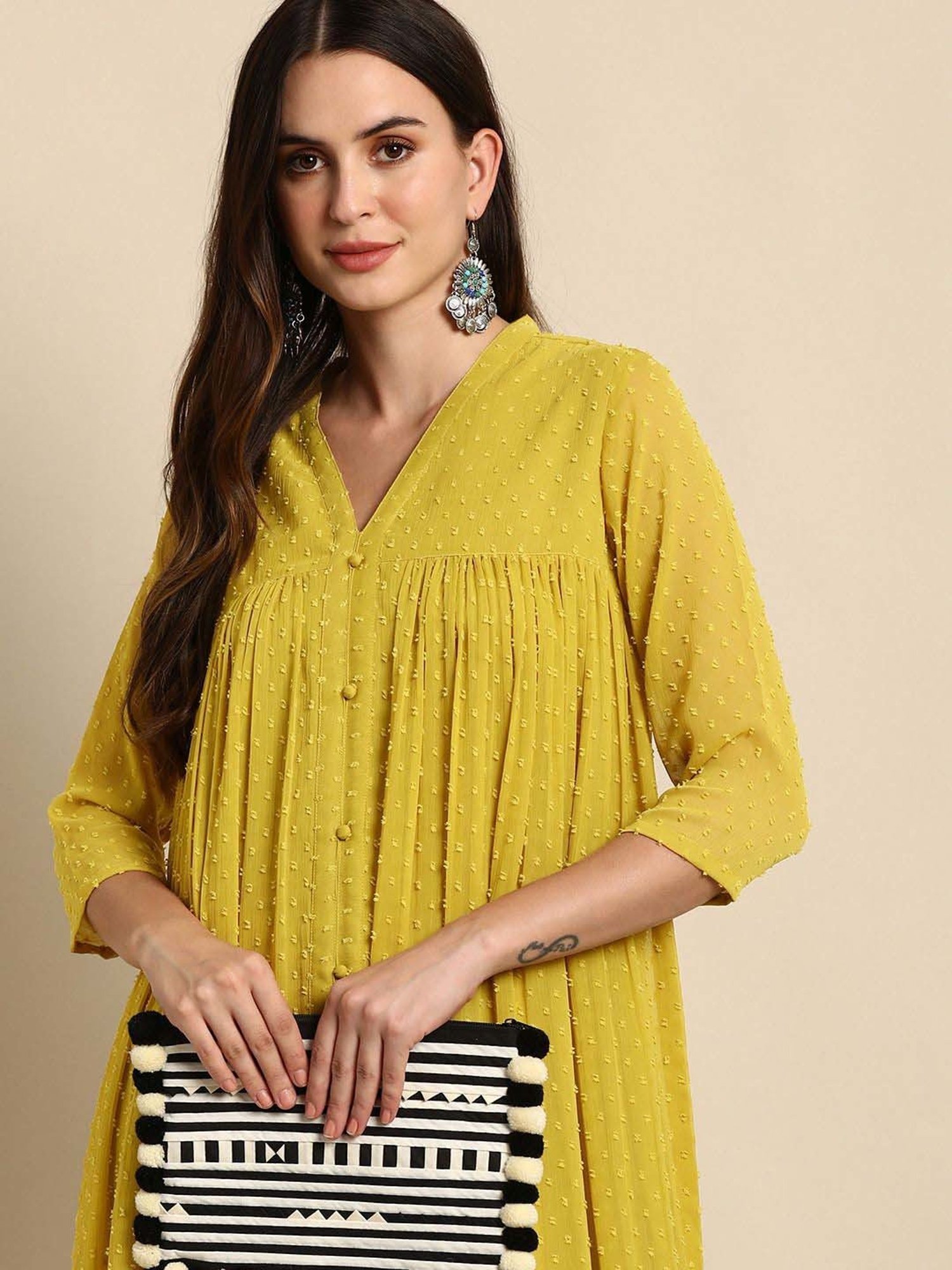 Janasya Mustard Woven Pattern A Line Kurta