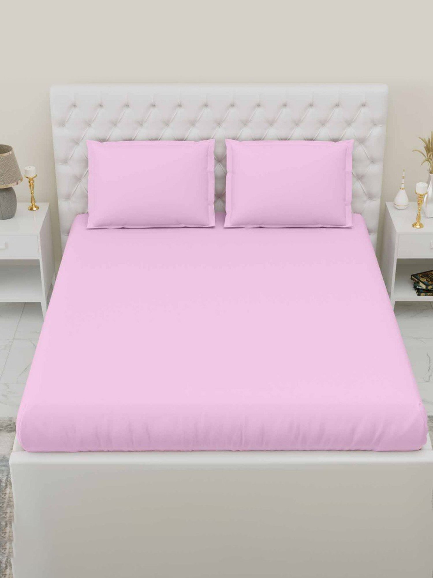 Haus & Kinder Solid Pink 300 TC Cotton Bed Sheet with 1 Pillow Cover